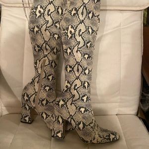 Unisa thigh high snakeskin boots with block heels
